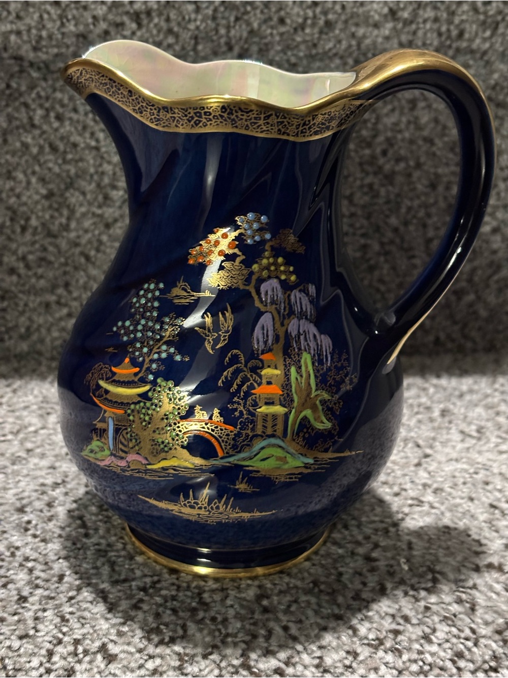 Vintage Art Deco Crown Devon Cobalt Gilt Enameled Flower Handled Pitcher England